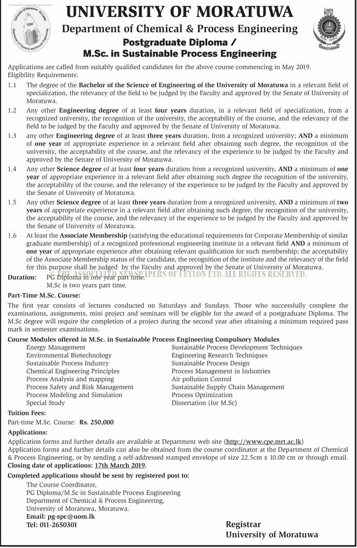 Postgraduate Diploma, M.Sc. in Sustainable Process Engineering - Department of Chemical & Process Engineering - University of Moratuwa